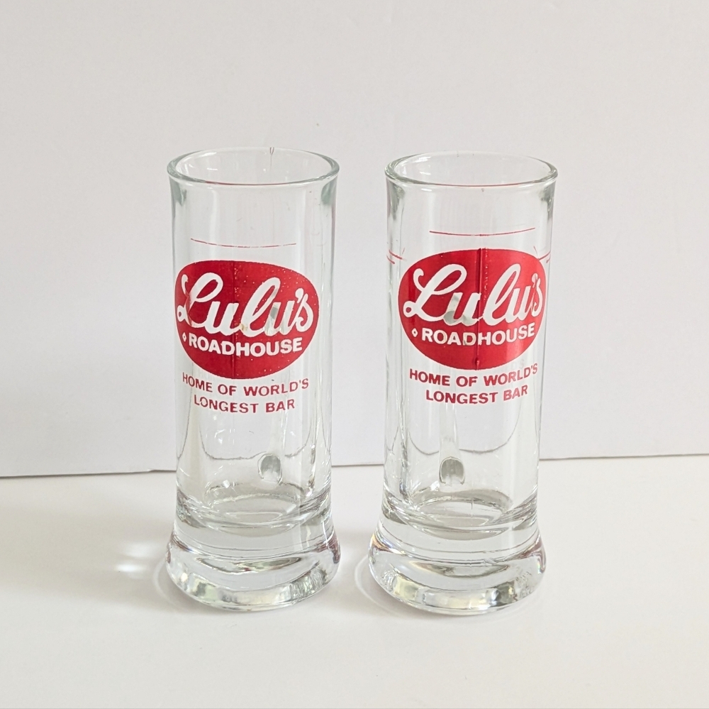 Vintage Lulu's Red Logo Shot Shooter Glasses Set Of 2 Nostalgic Collectible